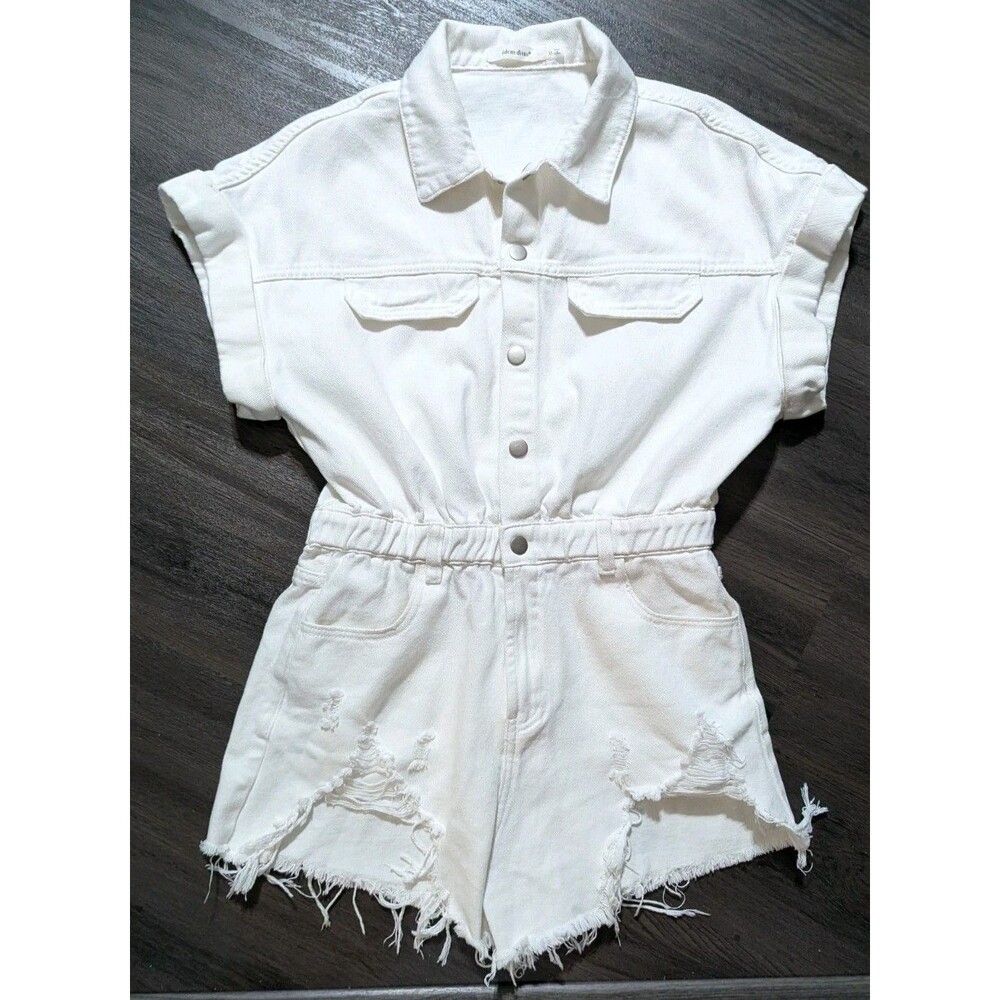 White Denim Romper Snap Up Button Retro Shorts 1 Piece Distressed Jumper Sz Med